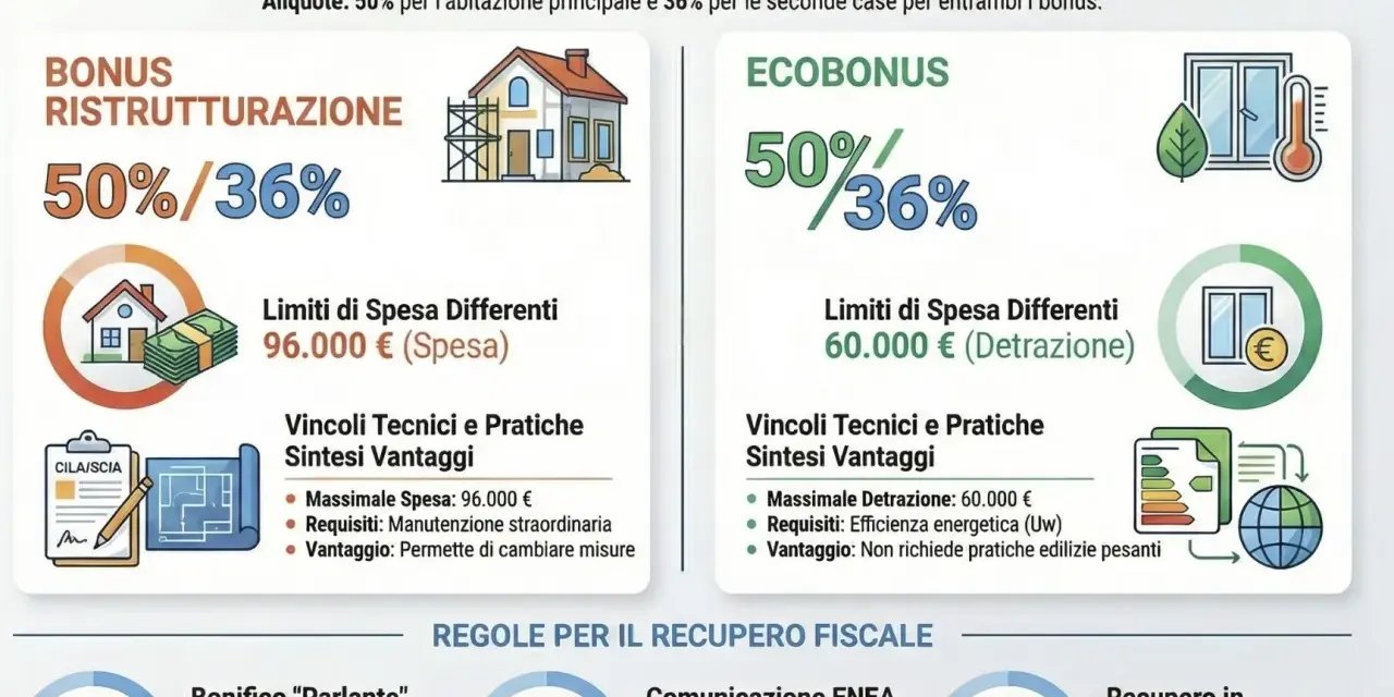 Bonus Ristrutturazione e Ecobonus: detrazioni IRPEF in 10 anni per infissi. 50% prima casa, 36% seconda. Scegli l'incentivo giusto!