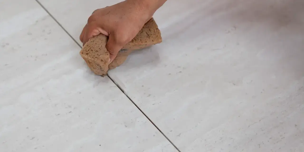 Mano che stuccare piastrelle con una spugna, rifinendo le fughe di un pavimento chiaro.