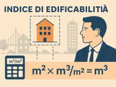 Calcolo dell'indice di edificabilità mq/mq: un uomo d'affari osserva una casa e una formula matematica con una calcolatrice.