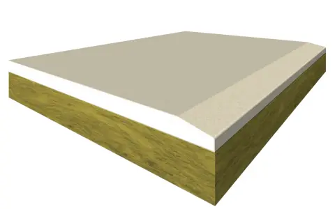 Sezione di un pannello isolante con un cappotto lana di roccia, ideale per l'edilizia sostenibile.