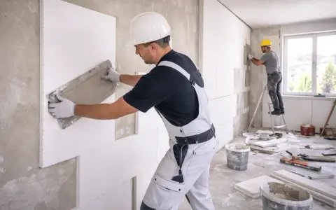 Operai al lavoro per i lavori di coibentazione, applicano pannelli isolanti su una parete interna.