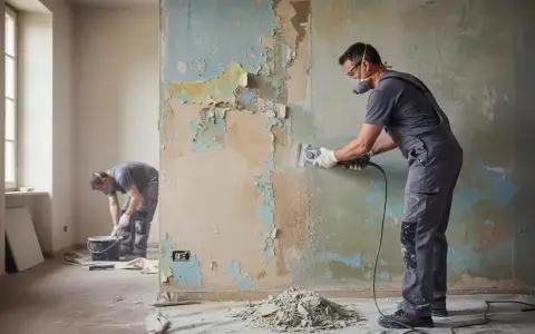Operai in azione per la rasatura del muro, rimuovendo la vecchia pittura scrostata con attrezzi specifici.