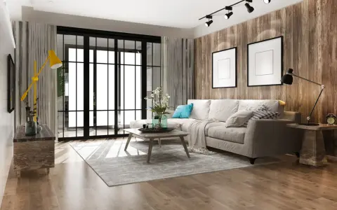 Soggiorno moderno con divano beige, tavolino in legno, lampada gialla e parete effetto legno. Un esempio di come ristrutturare appartamento con stile.