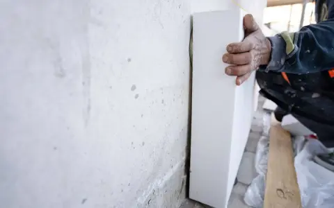 Mano di un operaio posiziona pannelli sottovuoto per isolare una parete grezza.
