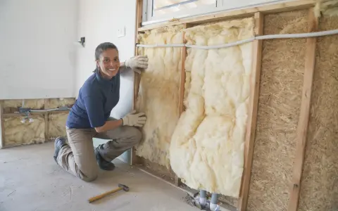 Donna con guanti installa isolamento in lana di vetro per come isolare il legno dal calore.