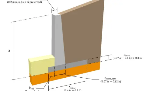 Schema di un muro di contenimento in cemento armato con dimensioni e proporzioni indicate.