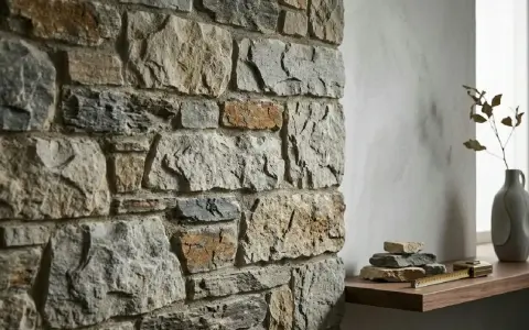 Angolo di un ambiente con un rustico muro in pietra e intonaco, decorato con un vaso e pietre su una mensola.