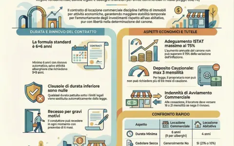 Guida pratica locazione commerciale: durata 6+6 anni, deposito cauzionale max 3 mensilità, imposta registro 2%.