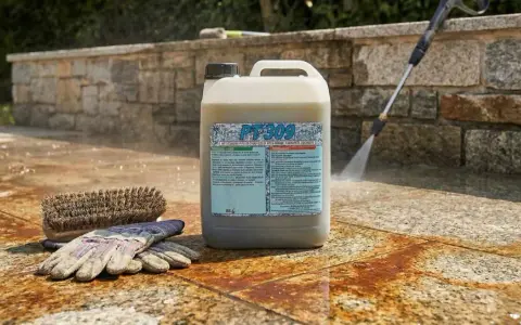Flacone di acido tamponato per gres, con guanti e spazzola, pronto per pulire il patio.