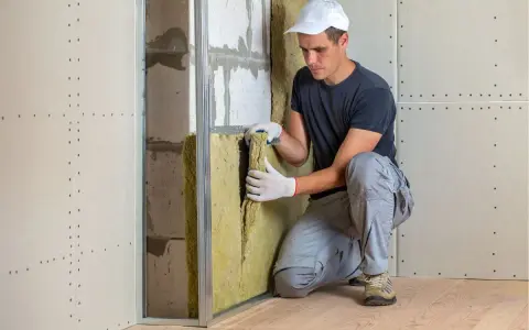 Operaio installa materiale isolante, il **miglior isolante acustico per pareti interne**, in una struttura metallica per un'ottima insonorizzazione.
