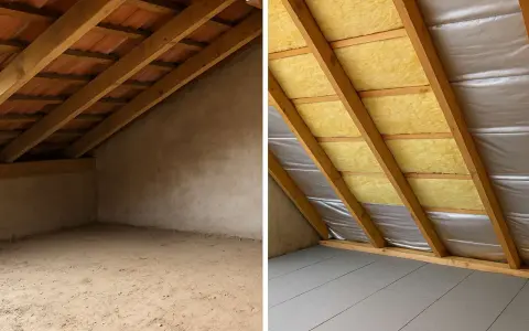 Sottotetto prima e dopo l'isolamento con lana di roccia per sottotetto. Ora è pronto per essere abitato!