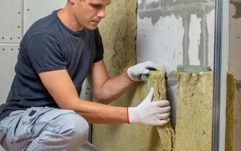 Operaio con guanti installa isolante in lana di roccia. Il depron è muffa, ma questo materiale isolante previene la sua formazione.