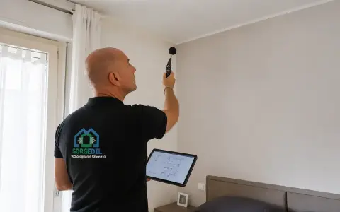 Tecnico misura rumore in appartamento per valutare l'isolamento acustico.