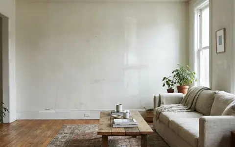 Soggiorno con divano beige, tavolino in legno e piante. Le pareti bianche mostrano segni del tempo, suggerendo che è ora di pensare a ogni quanto imbiancare casa.