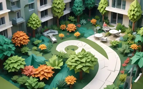 Un giardino stilizzato con alberi di carta e fiori colorati, circondato da palazzi verdi. Un percorso bianco serpeggia tra la vegetazione.