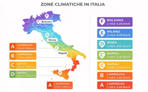 Mappa delle zone climatiche italiane con indicazione della trasmittanza cappotto termico massima consentita per ogni zona, da F (Bolzano) ad A (Lampedusa).