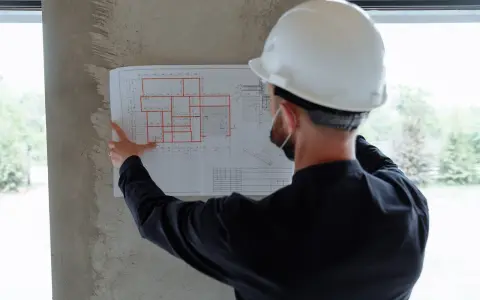 Un ingegnere con casco bianco esamina un progetto, segno che i migliori general contractor pianificano ogni dettaglio.