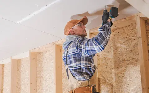 Uomo con trapano installa pannelli per isolamento acustico fai da te sul soffitto di una stanza in costruzione.