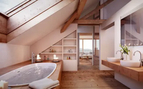 Bagno nel sottotetto non abitabile con vasca, lavandini e vista panoramica. Legno e luce creano un'atmosfera rilassante.