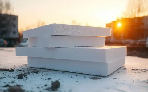 Lastre di polistirolo impilate al tramonto. Questo materiale è un eccellente isolante termico, perfetto per proteggere dal freddo.