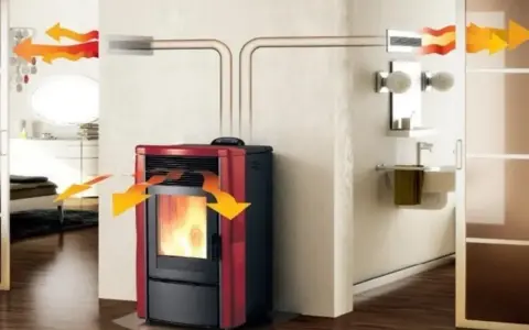 Stufa a pellet rossa con canalizzazione per distribuire il calore in più stanze.
