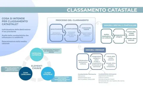 Schema sul classamento catastale, con focus su categoria catastale B5, destinazione d'uso, rendita e immobili ordinari/speciali.
