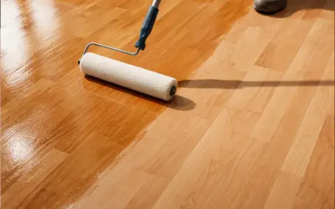 Rullo applica vernice su parquet in corso di levigatura fai da te. Il legno riacquista lucentezza.