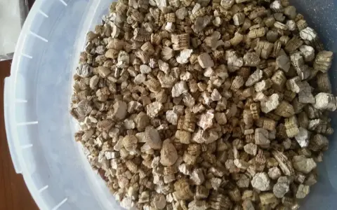 Granuli di vermiculite espansa isolante termico in un secchio bianco. Materiale leggero e poroso, ideale per l'edilizia.