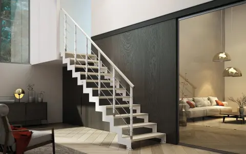Scala moderna con gradini in legno e ringhiera bianca. Le sue scale misure sono perfette per un design minimalista.