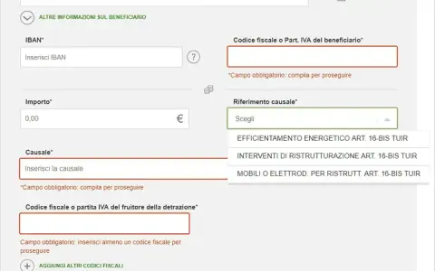 Compilazione bonifico per risparmio energetico. Seleziona "Efficientamento energetico" per la causale.
