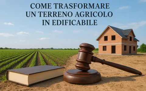Martelletto da giudice su un libro aperto, con un campo agricolo e una casa in costruzione. La trasformazione di un **tipo particella fondiaria o edificabile**.