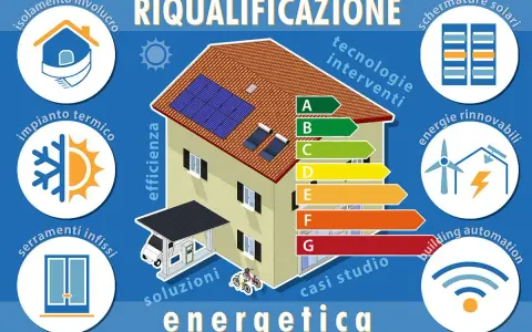 Casa con pannelli solari e simboli di efficienza energetica. Un'energy service company offre soluzioni per la riqualificazione.