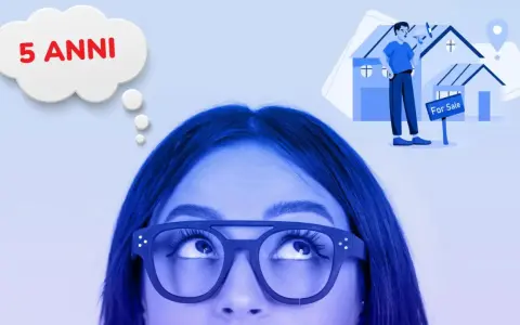 Ragazza pensa alla vendita prima casa prima dei 5 anni, con case in vendita sullo sfondo.
