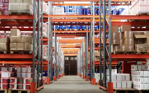 Magazzino con scaffalature arancioni piene di merci, tra cui barili blu e contenitori bianchi. Un corridoio centrale conduce a una porta doppia. Categoria catastale c/2.
