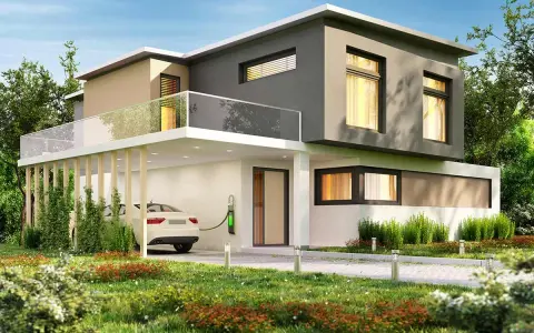 Casa moderna con esterno grigio e beige, auto elettrica in carica. Un'ispirazione per scegliere colore casa esterno.