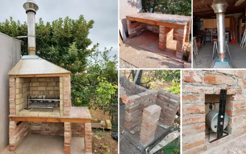 Costruzione di un barbecue fai da te in pietra, con dettagli sulla muratura e la canna fumaria.