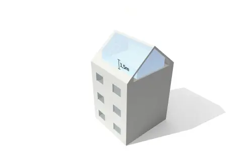 Edificio con spiovente tetto trasparente, che mostra due lucernari e un'altezza di 1,5m.