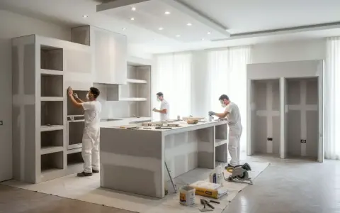 Operai al lavoro su una moderna cucina in cartongesso, in fase di costruzione.