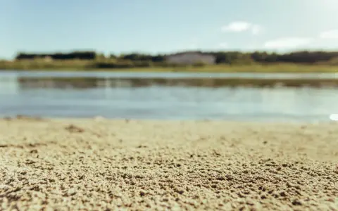 Primo piano della sabbia di fiume, con un fiume e alberi sfocati sullo sfondo.
