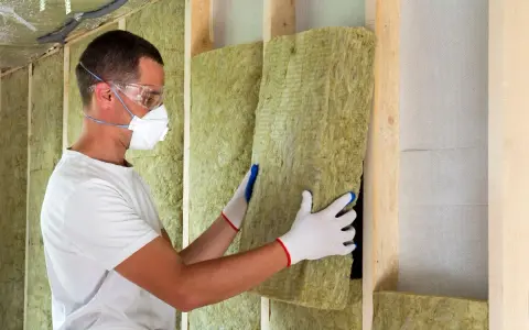 Operaio con mascherina e occhiali installa pannelli isolanti, mostrando il **coibentazione significato** per un ambiente efficiente.