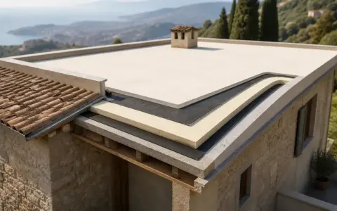 Dettaglio della stratigrafia di un terrazzo coibentato, con strati isolanti e impermeabilizzanti visibili.