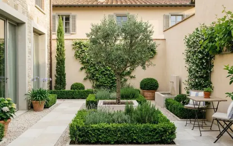 Giardino curato con ulivo centrale, aiuole geometriche e fontana. Belle idee muretto giardino per definire gli spazi.