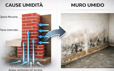 Illustrazione delle cause di umidità di risalita: acqua nel terreno che risale nel muro, creando muffa e macchie.