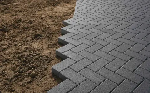 Pavimentazione in autobloccanti grigi posati a spina di pesce, con bordo a vista sulla terra. Valuta il costo autobloccanti al mq per il tuo progetto.