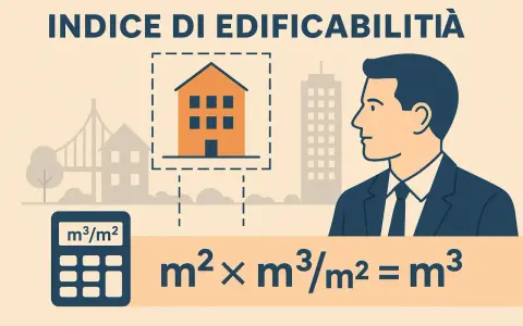 Calcolo dell'indice di edificabilità mq/mq: un uomo d'affari osserva una casa e una formula matematica con una calcolatrice.