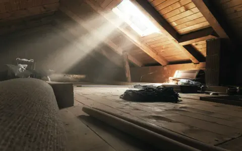 Raggi di sole illuminano un sottotetto non abitabile, pieno di oggetti dimenticati e travi di legno.