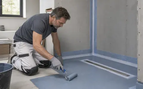 Operaio applica uno strato di impermeabilizzazioni edili con un rullo, preparando una doccia a filo pavimento.