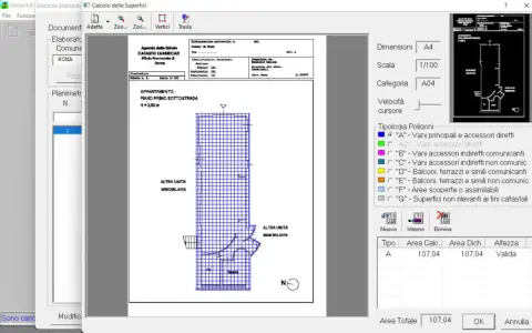 Schermata software per la **variazione catastale dopo 20 anni**. Mostra planimetria, dati catastali e calcolo superfici.