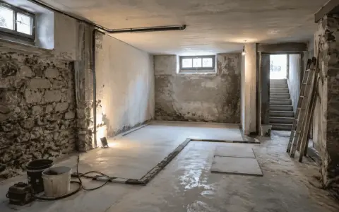 Cantina in ristrutturazione, con pareti in pietra grezza e cemento. Si nota la preparazione per l'isolamento del pavimento umidità.