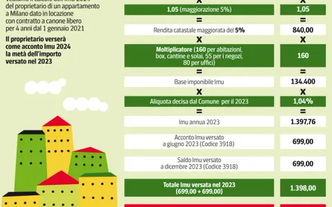 Calcolo Imu 2024: proprietario di un appartamento a Milano verserà 699,00 come acconto, la metà dell'importo pagato nel 2023.